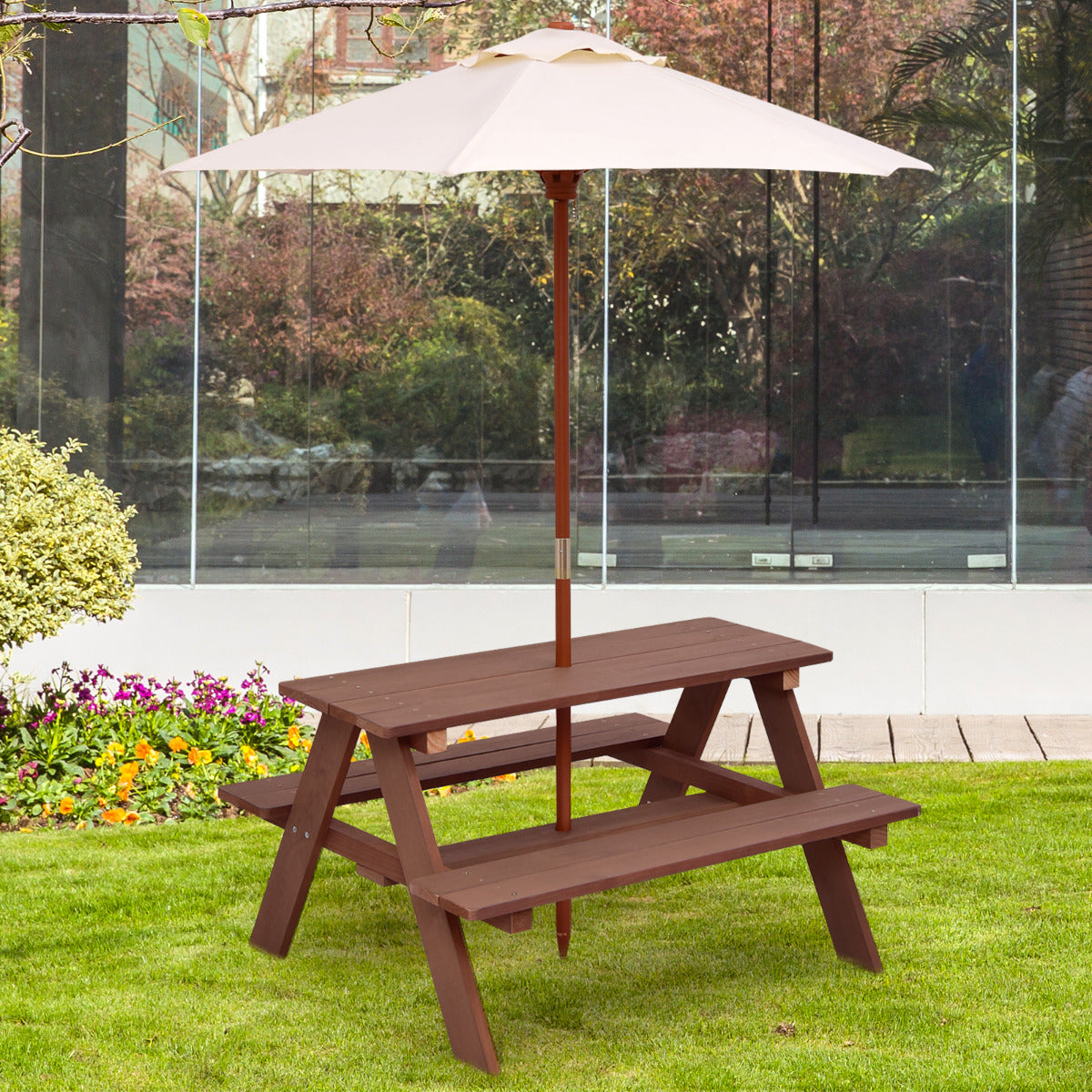 Mesa de Picnic para Niños 3 en 1 Mesa de Actividades con Paraguas Extraíble Bancos de Madera para Jardín Patio Casa Camping Fácil Montaje