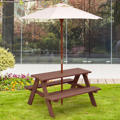 Mesa de Picnic para Niños 3 en 1 Mesa de Actividades con Paraguas Extraíble Bancos de Madera para Jardín Patio Casa Camping Fácil Montaje