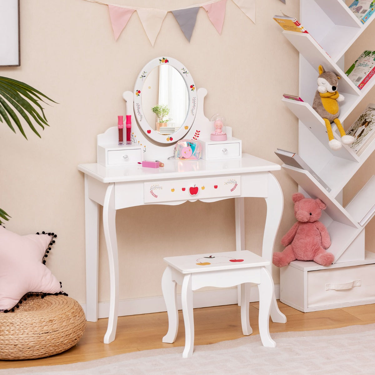 Mesa de Tocador y Taburete para Niños con Espejo Giratorio de 360° y Pizarra Blanca 3 Cajones Blanco
