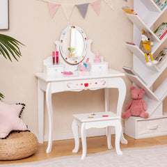 Mesa de Tocador y Taburete para Niños con Espejo Giratorio de 360° y Pizarra Blanca 3 Cajones Blanco