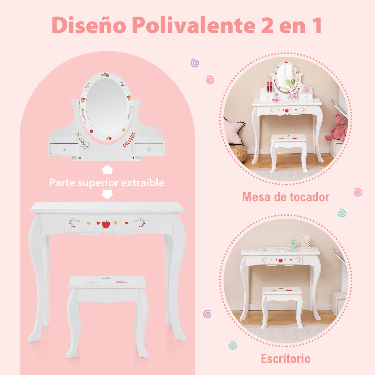 Mesa de Tocador y Taburete para Niños con Espejo Giratorio de 360° y Pizarra Blanca 3 Cajones Blanco