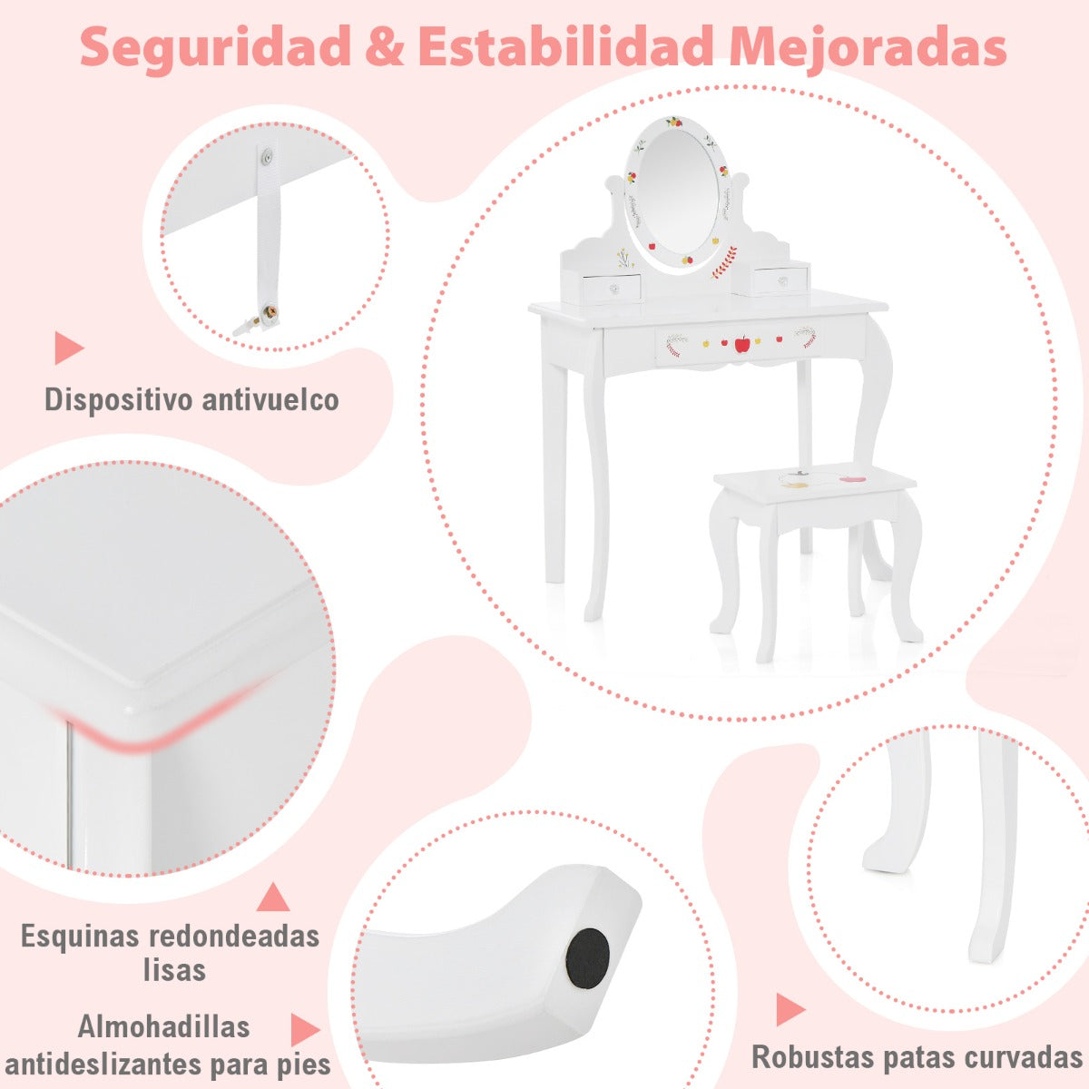 Mesa de Tocador y Taburete para Niños con Espejo Giratorio de 360° y Pizarra Blanca 3 Cajones Blanco