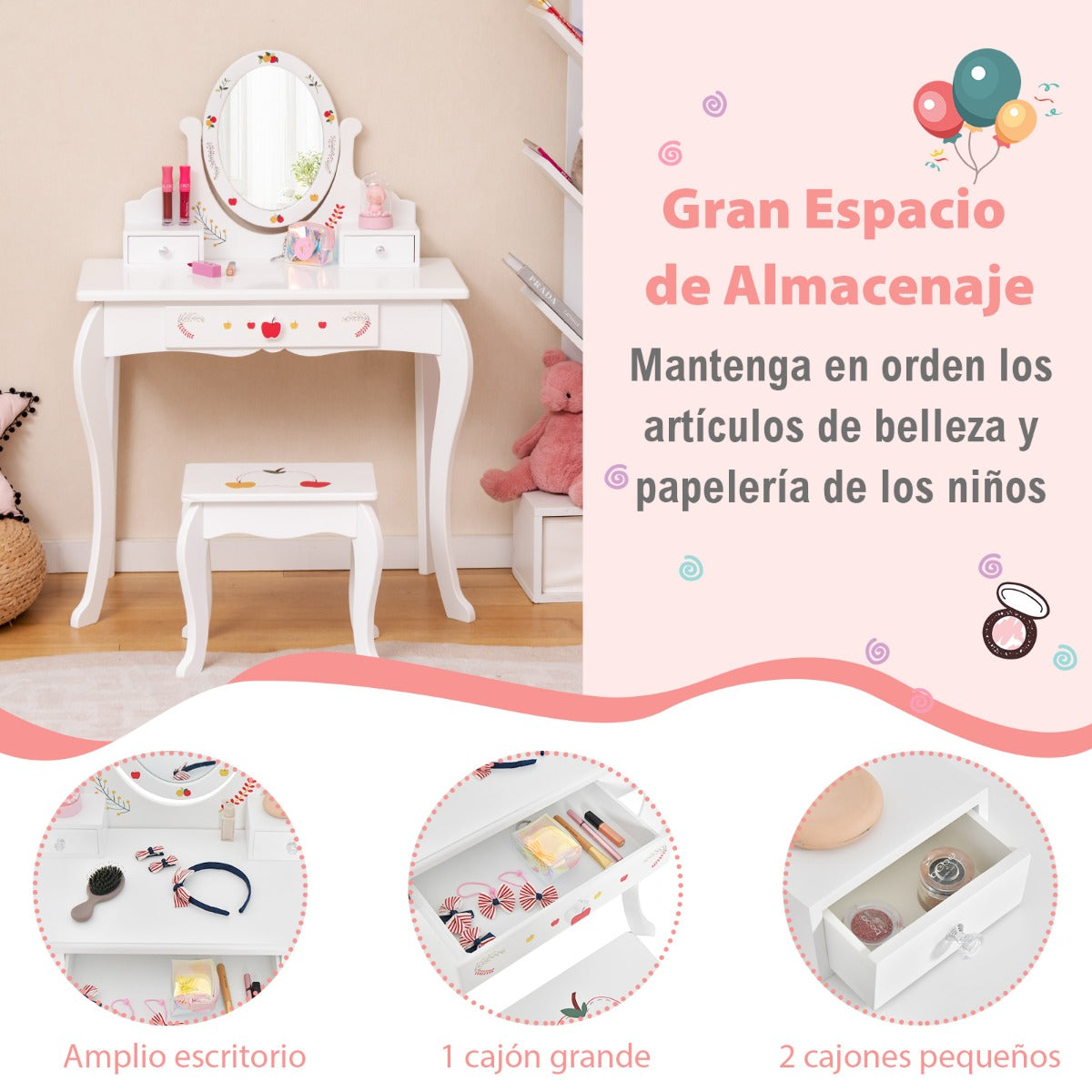 Mesa de Tocador y Taburete para Niños con Espejo Giratorio de 360° y Pizarra Blanca 3 Cajones Blanco