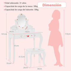 Mesa de Tocador y Taburete para Niños con Espejo Giratorio de 360° y Pizarra Blanca 3 Cajones Blanco