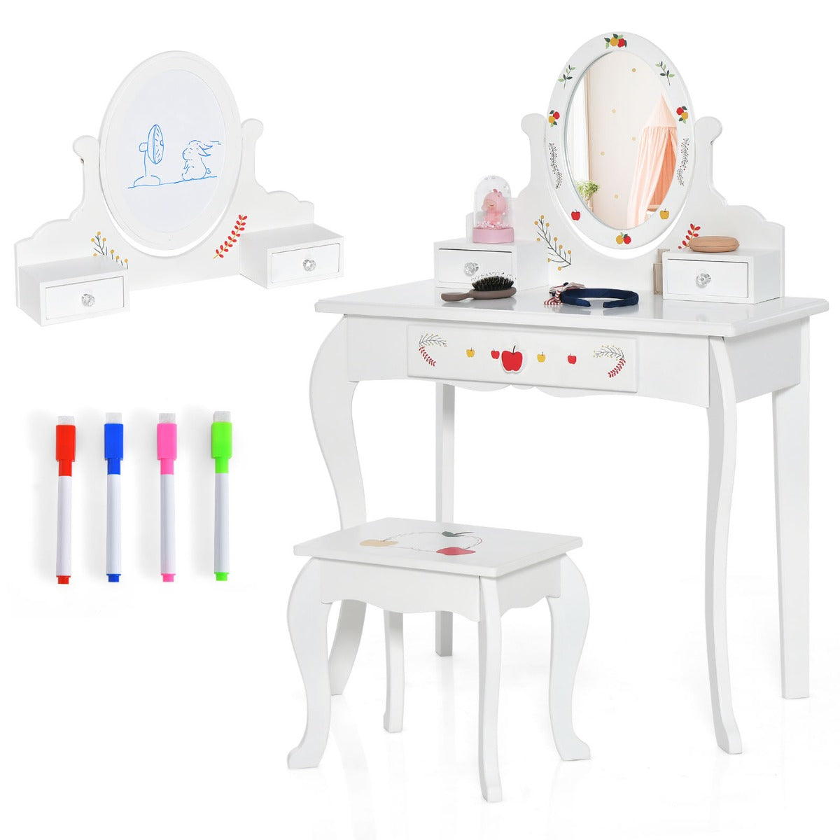 Mesa de Tocador y Taburete para Niños con Espejo Giratorio de 360° y Pizarra Blanca 3 Cajones Blanco
