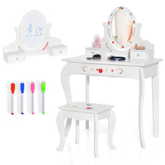 Mesa de Tocador y Taburete para Niños con Espejo Giratorio de 360° y Pizarra Blanca 3 Cajones Blanco