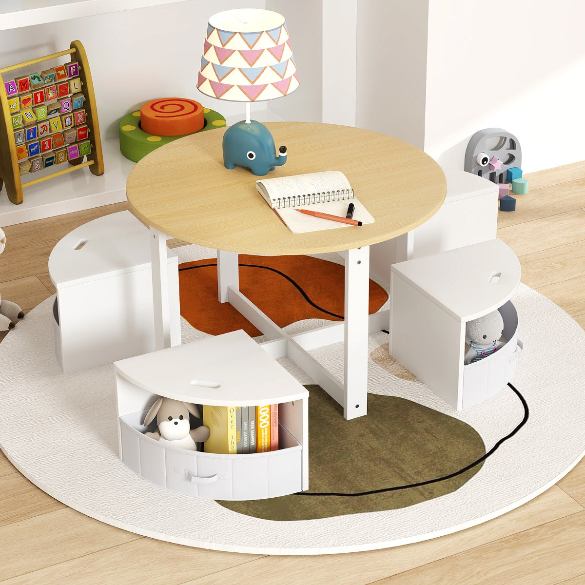 Juego de Mesa Redonda y 4 Taburetes con 4 Cajas de Tela para Actividades Arte Lecturapara Niños-Natural