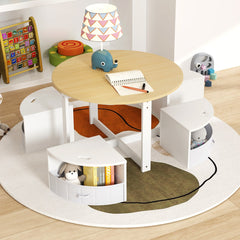 Juego de Mesa Redonda y 4 Taburetes con 4 Cajas de Tela para Actividades Arte Lecturapara Niños-Natural