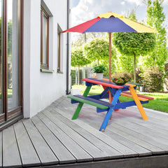Equipo con Mesa Picnic de Madera y Sombrilla Plegable para Exterior Jardín Patio Multiuso