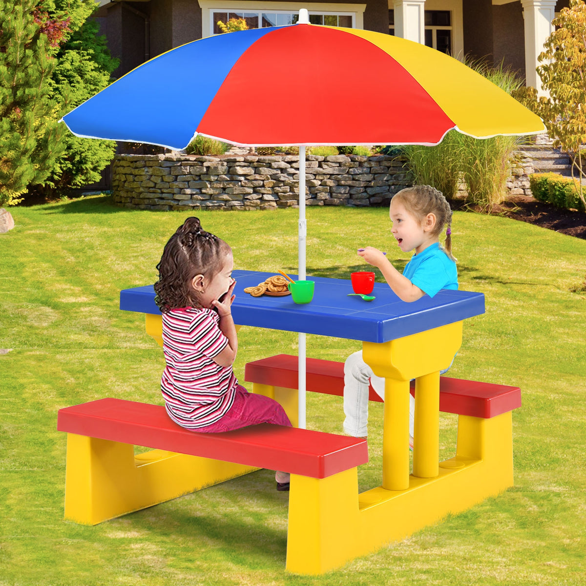 Mesa y Banco Silla de Exterior con Paraguas Sombrilla para Niños Set Mueble Infantil para Playa Patio Picnic Multicolor 67 x 41 x 47 cm