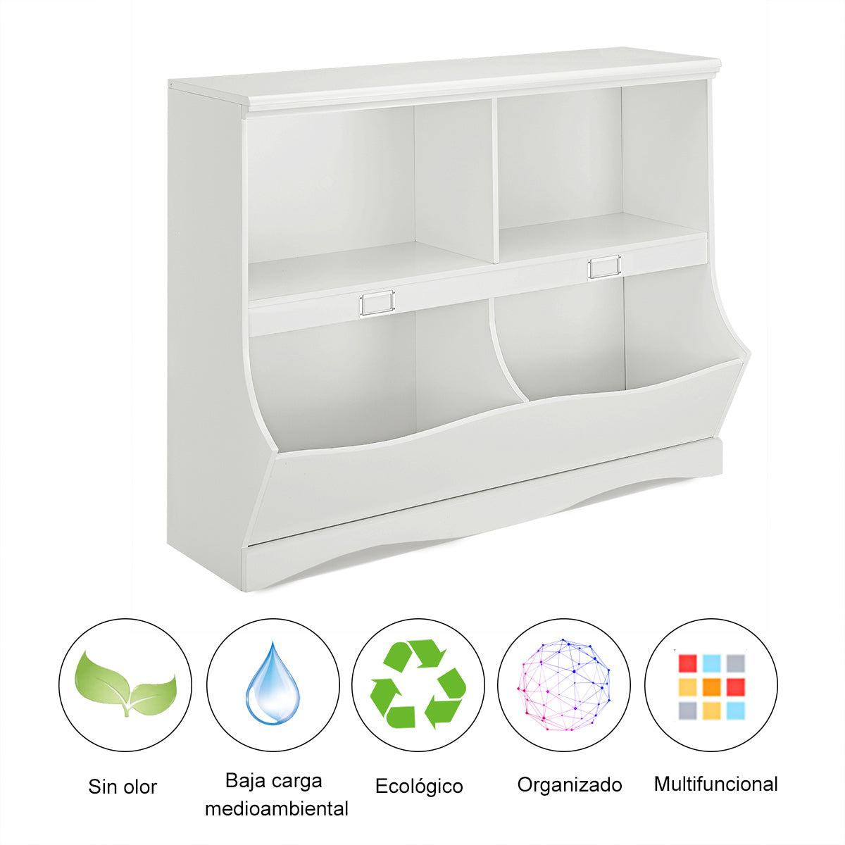 Estantería Almacenaje con 2 Compartimentos y 2 Contenedores para Dormitorio y Salón Organizador de Juguetes 105,5 x 39,5 x 84 cm Blanco