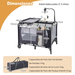 Centro de Actividad Portátil Cuna 3 en 1 Plegable para Bebés con Cambiador Desmontable Colchón Juguetes Colgantes Caja Musical Ruedas Beige