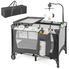 Centro de Actividad Portátil Cuna 3 en 1 Plegable para Bebés con Cambiador Desmontable Colchón Juguetes Colgantes Caja Musical Ruedas Beige