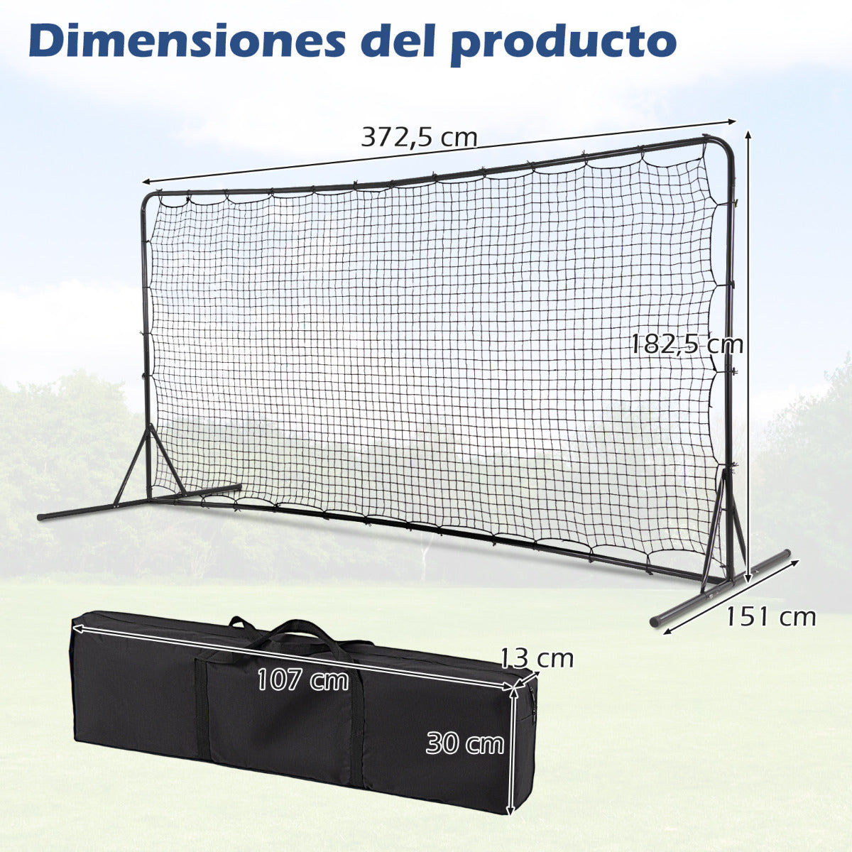 Red Rebotador de Fútbol para Todo Tipo de Clima Bolsa de Transporte 6 Estacas para Suelo Fácil Instalación para Patio Parque 372,5x182,5cm Negro