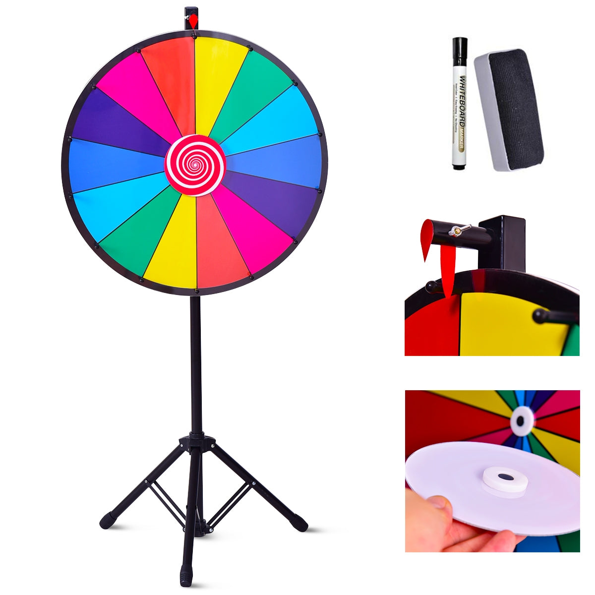 24" Ruleta de Juego de La Suerte con Trípode Altura Ajustable con Pluma Borrador de Pizarra Caja de Almacenamiento para Fiesta