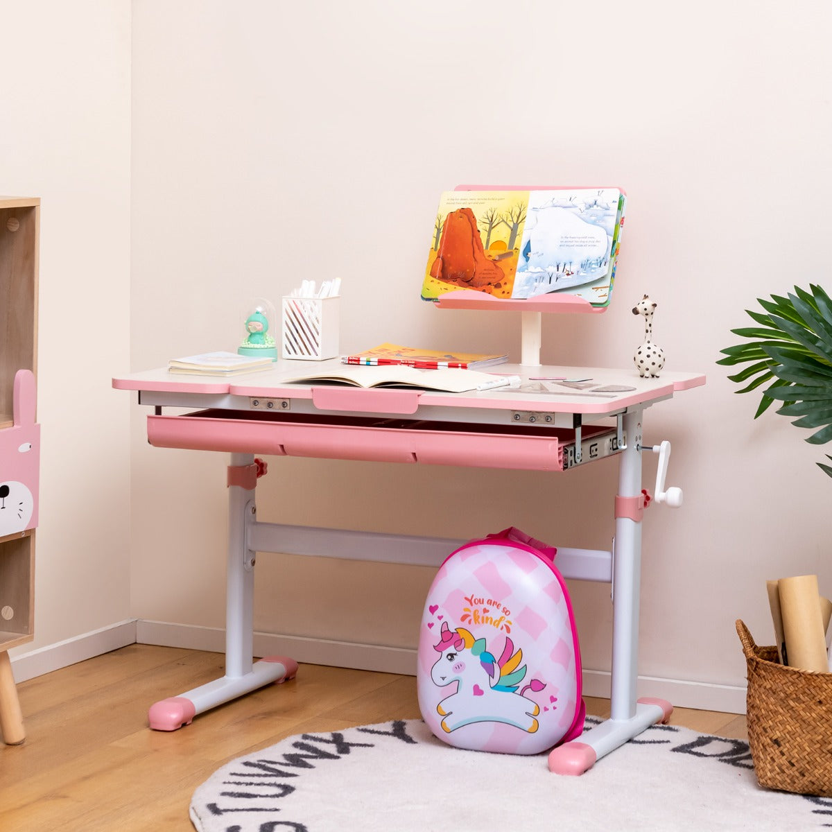 Set de Escritorio y Silla Infantil Mesa de Estudio Ajustable en Altura con Silla Ergonómica-Rosa-Mesa