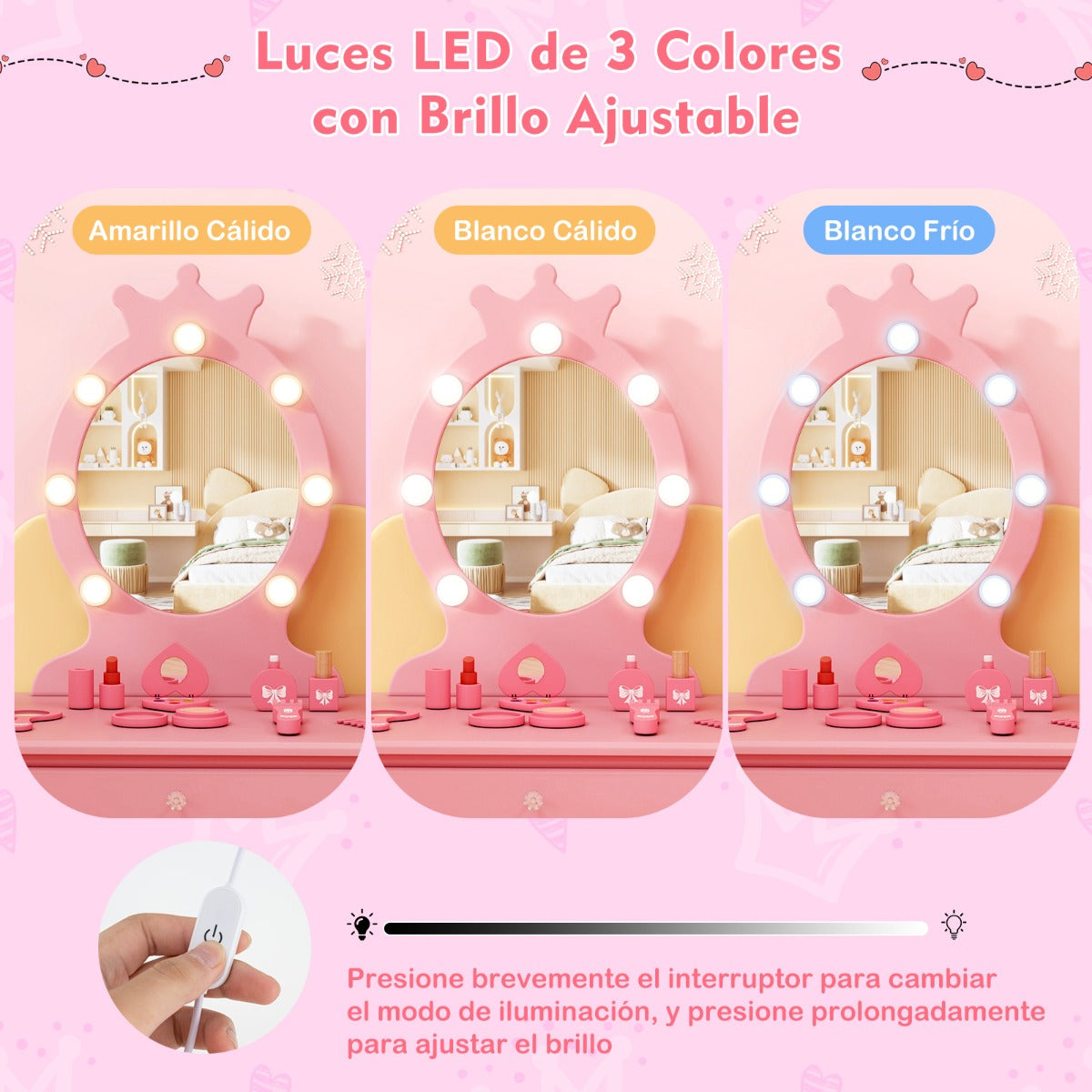 Set de Tocador Infantil con Espejo Iluminado Juego de Mesa y Silla de Princesa con Brillo Ajustable Cajón y Taburete Acolchado Rosa