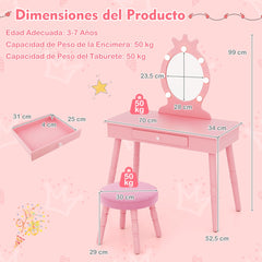 Set de Tocador Infantil con Espejo Iluminado Juego de Mesa y Silla de Princesa con Brillo Ajustable Cajón y Taburete Acolchado Rosa