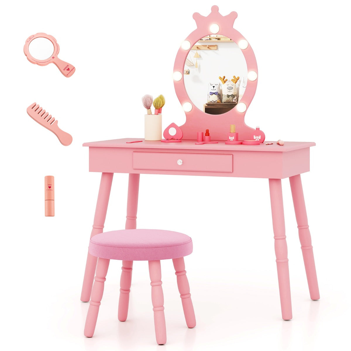 Set de Tocador Infantil con Espejo Iluminado Juego de Mesa y Silla de Princesa con Brillo Ajustable Cajón y Taburete Acolchado Rosa