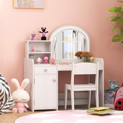 Set de Mesa de Tocador y Silla para Niños de 3+ Años con Estantes Cajón Armario Luces LED de 2 Colores Espejo de Acrílico Peine Blanco