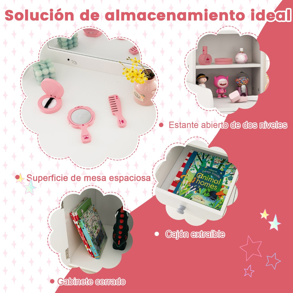 Set de Mesa de Tocador y Silla para Niños de 3+ Años con Estantes Cajón Armario Luces LED de 2 Colores Espejo de Acrílico Peine Blanco