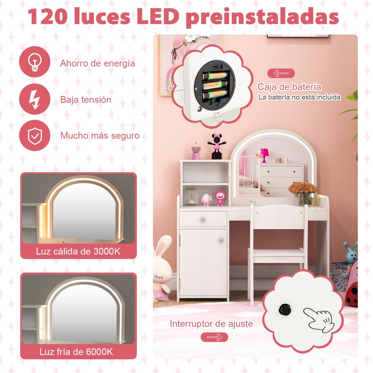 Set de Mesa de Tocador y Silla para Niños de 3+ Años con Estantes Cajón Armario Luces LED de 2 Colores Espejo de Acrílico Peine Blanco