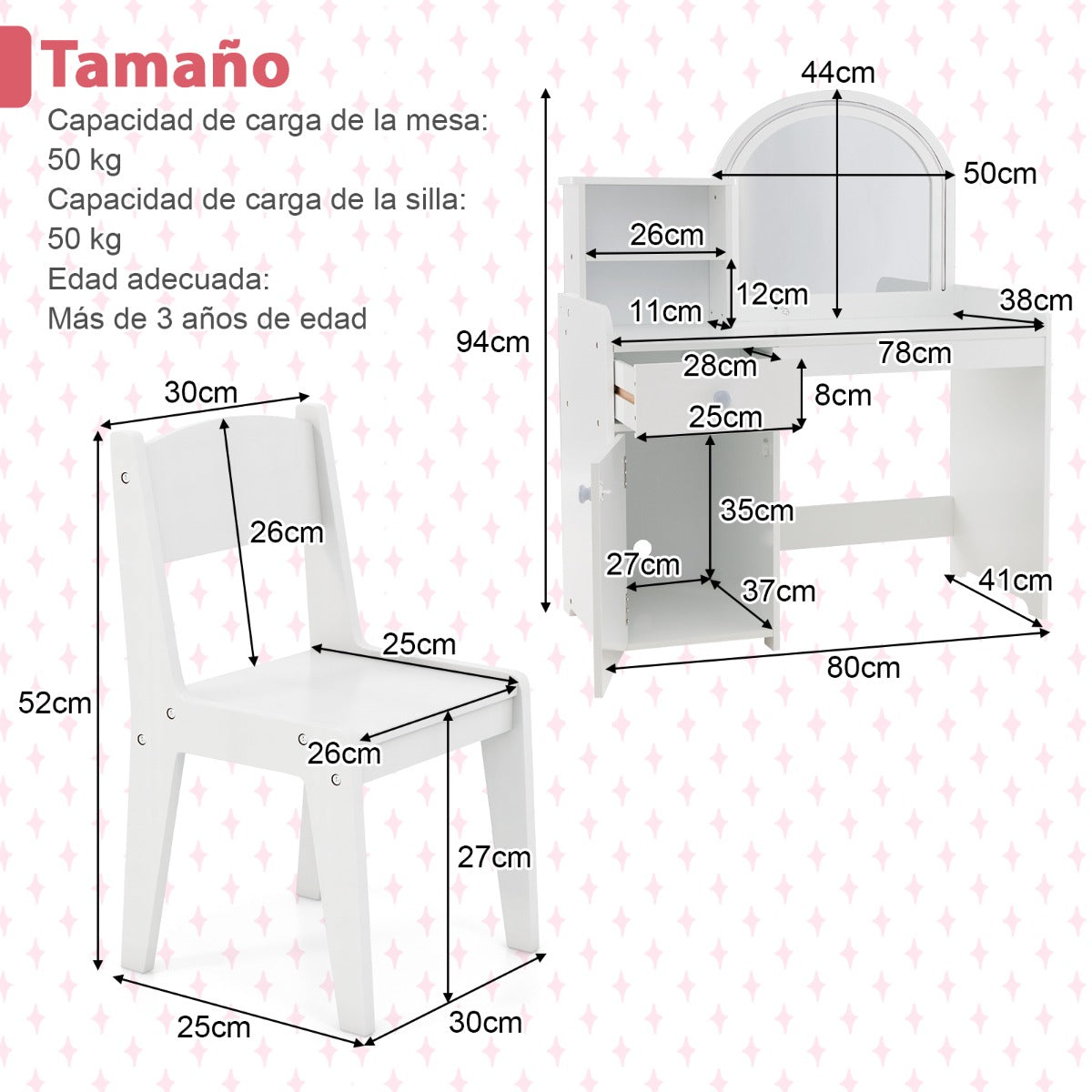 Set de Mesa de Tocador y Silla para Niños de 3+ Años con Estantes Cajón Armario Luces LED de 2 Colores Espejo de Acrílico Peine Blanco
