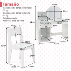 Set de Mesa de Tocador y Silla para Niños de 3+ Años con Estantes Cajón Armario Luces LED de 2 Colores Espejo de Acrílico Peine Blanco