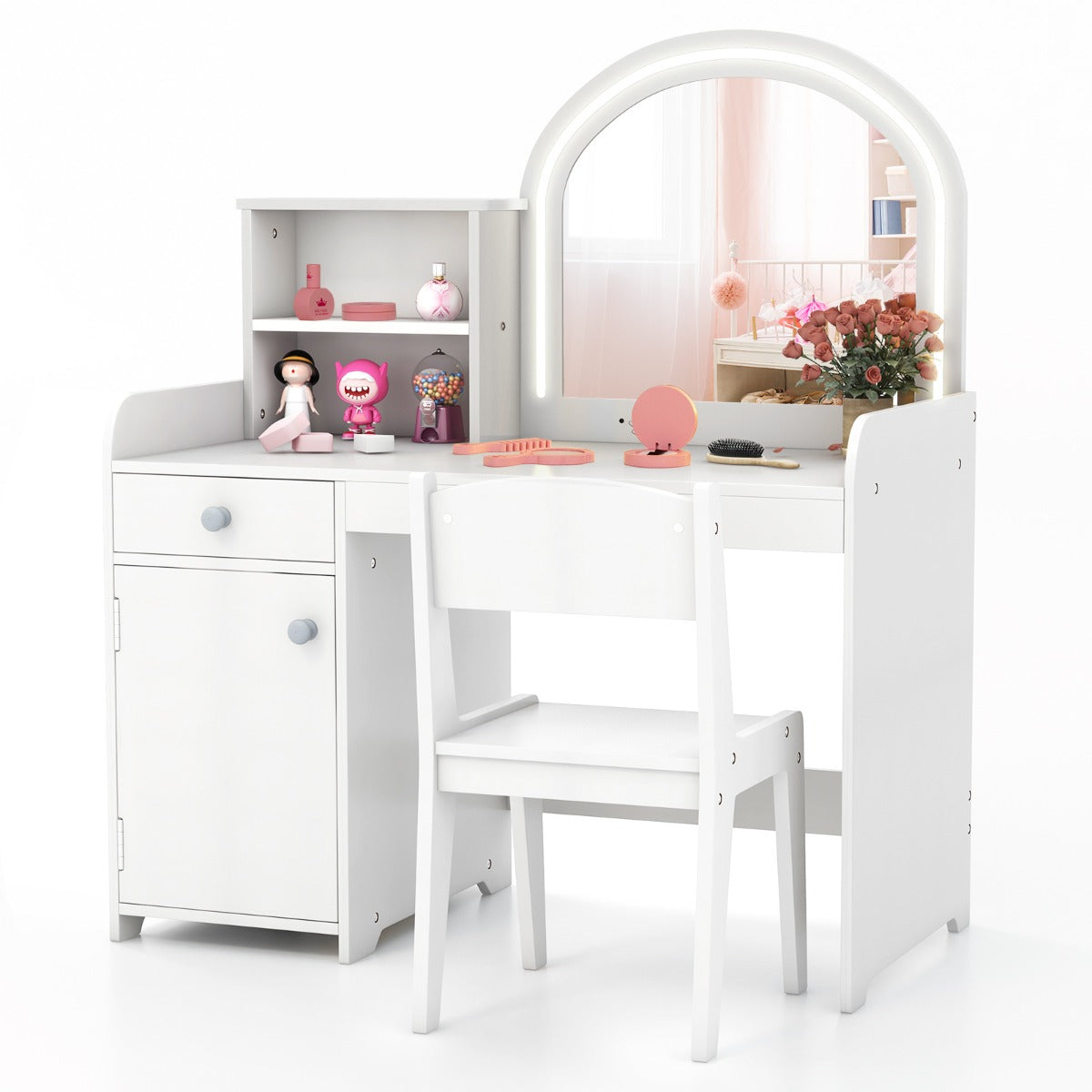 Set de Mesa de Tocador y Silla para Niños de 3+ Años con Estantes Cajón Armario Luces LED de 2 Colores Espejo de Acrílico Peine Blanco