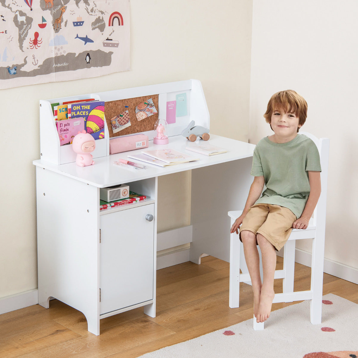 Set de Mesa y Silla Infantil de Madera Mesa de Estudio con Silla Estantería Armario Escritorio para Niños 3+ Años 90 x 45 x 86 cm Blanco