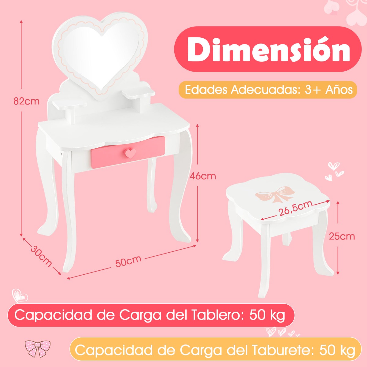 2 en 1 Set de Tocador Infantil de Princesa de Madera con Cajón Taburete y Espejo en Forma de Corazón para Niñas 50 x 30 x 82 cm Blanco