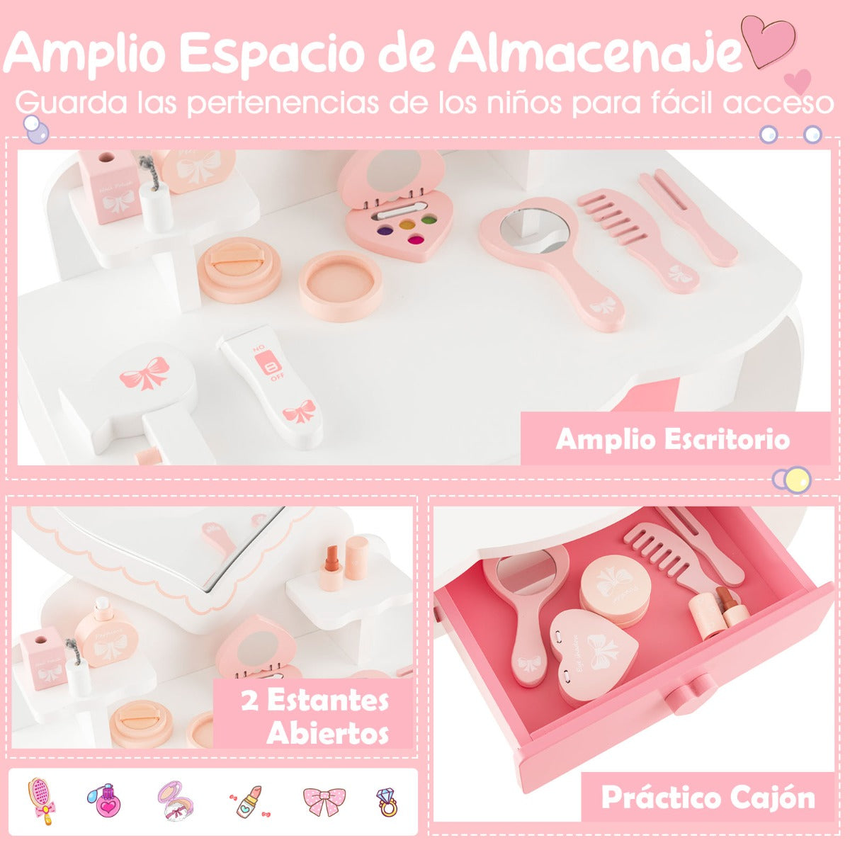 2 en 1 Set de Tocador Infantil de Princesa de Madera con Cajón Taburete y Espejo en Forma de Corazón para Niñas 50 x 30 x 82 cm Blanco