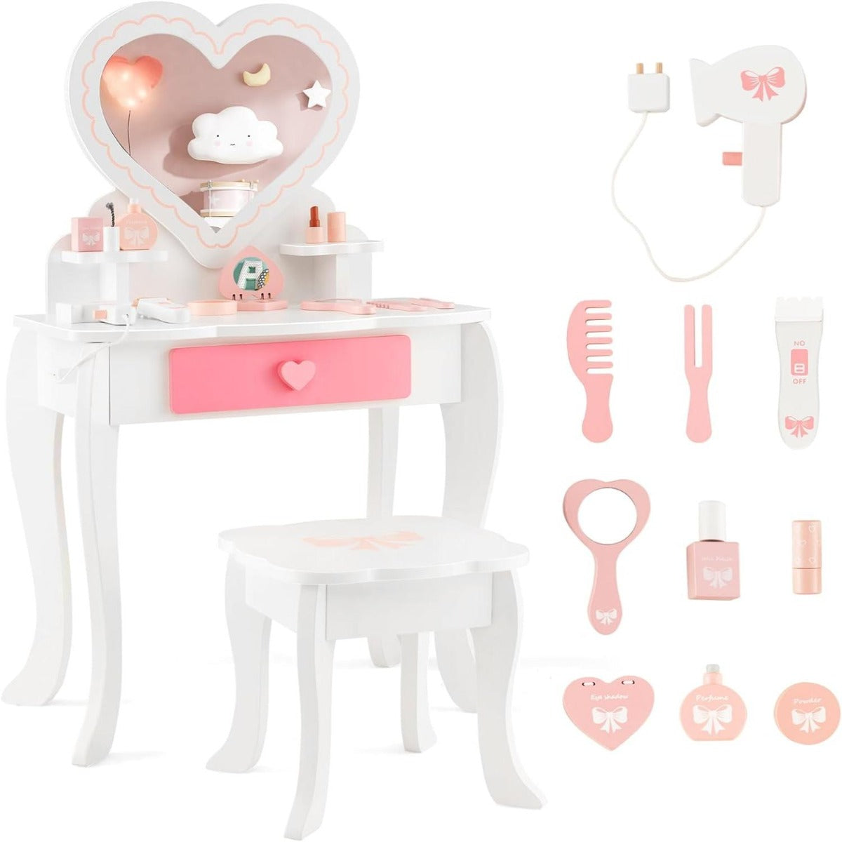 2 en 1 Set de Tocador Infantil de Princesa de Madera con Cajón Taburete y Espejo en Forma de Corazón para Niñas 50 x 30 x 82 cm Blanco