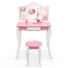 Set de Tocador para Niños Mesa de Maquillaje Infantil con Espejo Tríptico de Acrílico y Cajón Mesa y Silla de Madera Antivuelco Blanco