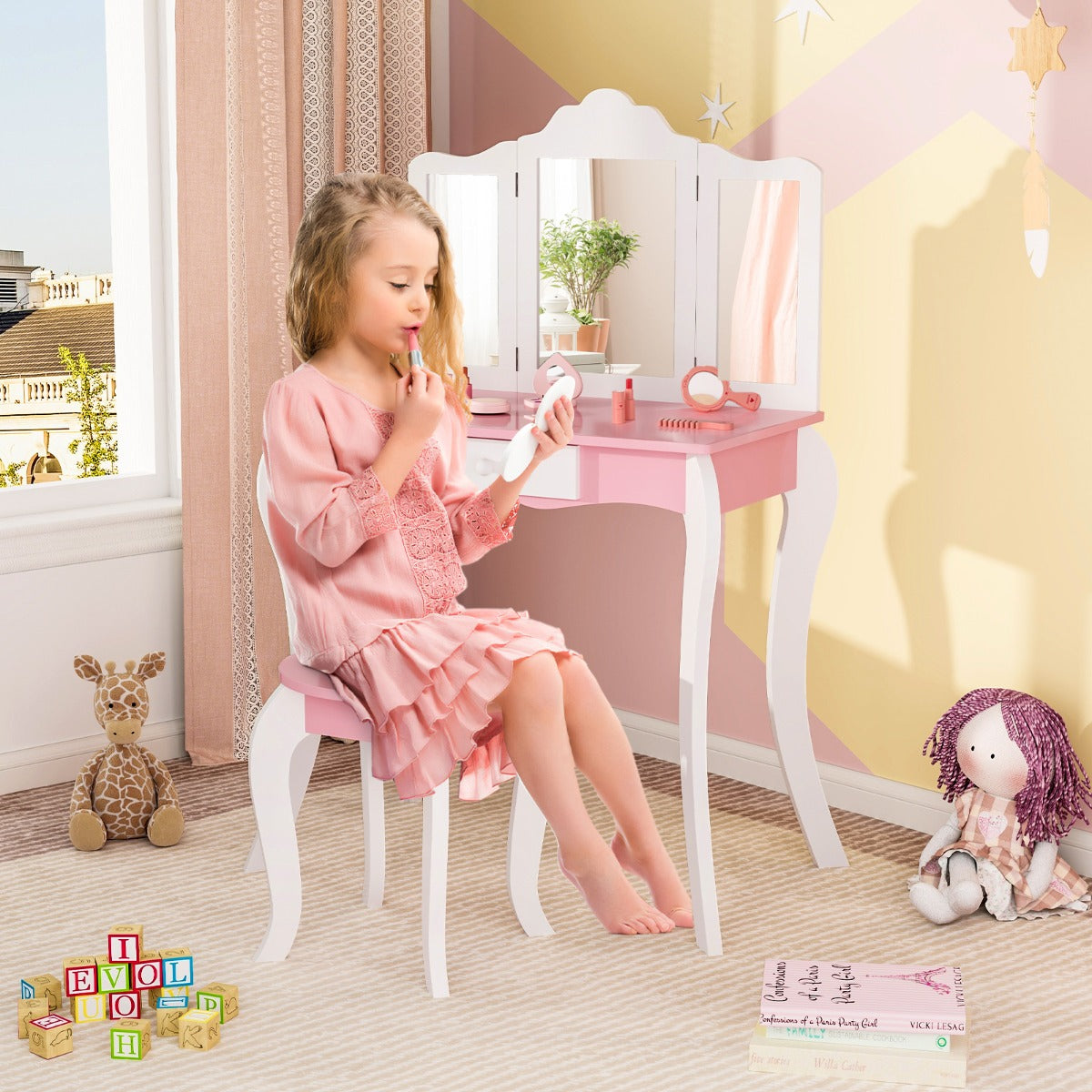 Set de Tocador para Niños Mesa de Maquillaje Infantil con Espejo Tríptico de Acrílico y Cajón Mesa y Silla de Madera Antivuelco Blanco