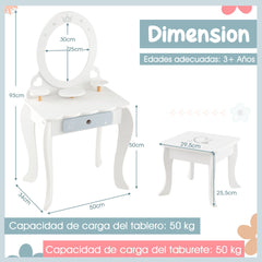 Set Tocador Infantil de Madera 2 en 1 con Taburete y Espejo Desmontable con Cajón Mesa de Maquillaje para Niñas con Silla Blanco