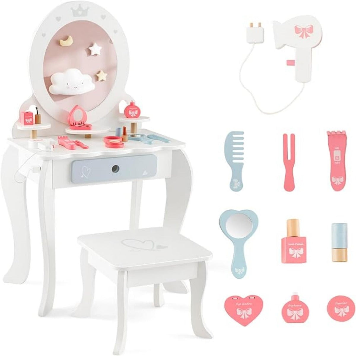 Set Tocador Infantil de Madera 2 en 1 con Taburete y Espejo Desmontable con Cajón Mesa de Maquillaje para Niñas con Silla Blanco
