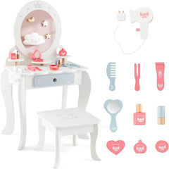 Set Tocador Infantil de Madera 2 en 1 con Taburete y Espejo Desmontable con Cajón Mesa de Maquillaje para Niñas con Silla Blanco