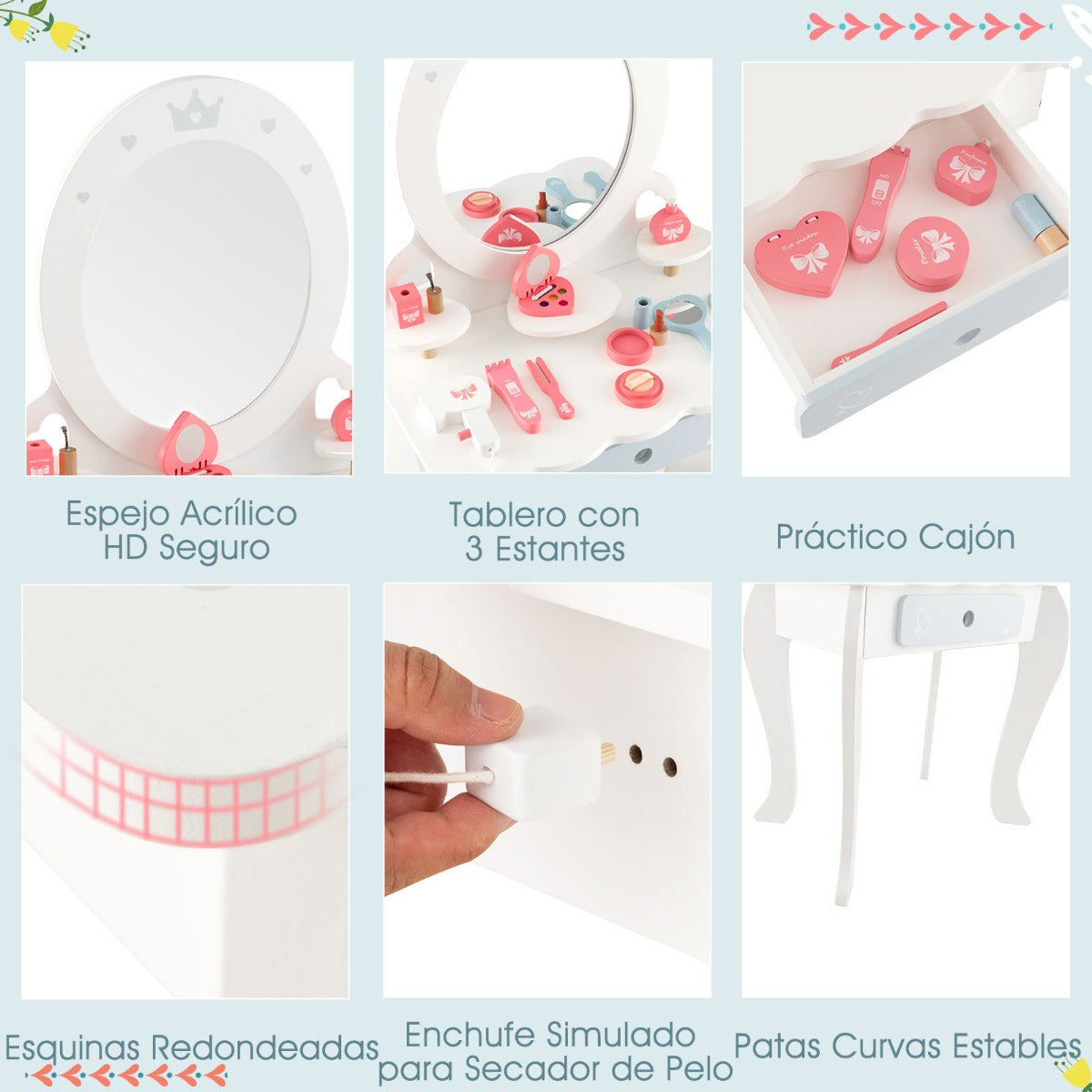 Set Tocador Infantil de Madera 2 en 1 con Taburete y Espejo Desmontable con Cajón Mesa de Maquillaje para Niñas con Silla Blanco