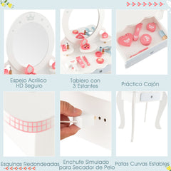 Set Tocador Infantil de Madera 2 en 1 con Taburete y Espejo Desmontable con Cajón Mesa de Maquillaje para Niñas con Silla Blanco