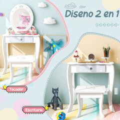 Set Tocador Infantil de Madera 2 en 1 con Taburete y Espejo Desmontable con Cajón Mesa de Maquillaje para Niñas con Silla Blanco