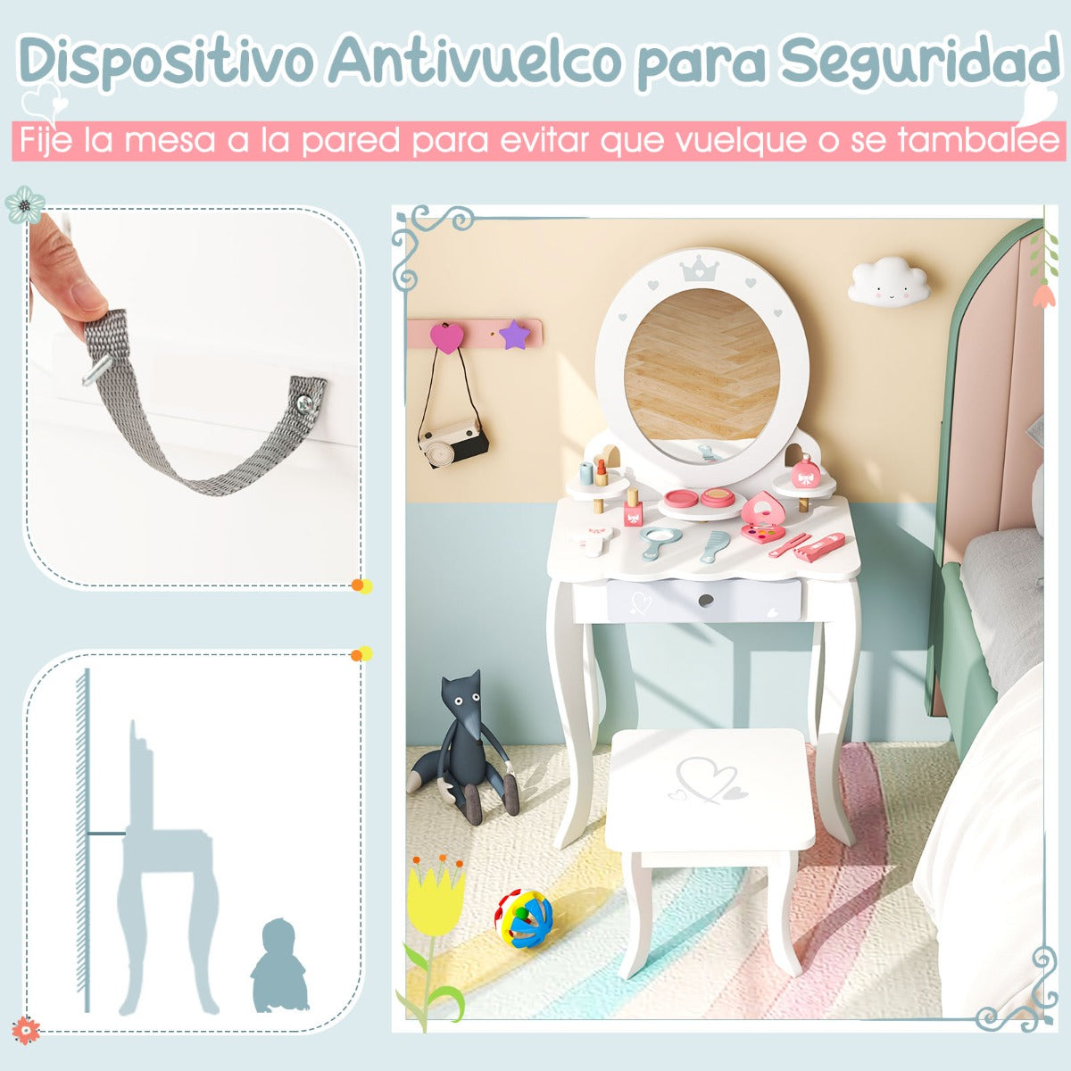 Set Tocador Infantil de Madera 2 en 1 con Taburete y Espejo Desmontable con Cajón Mesa de Maquillaje para Niñas con Silla Blanco