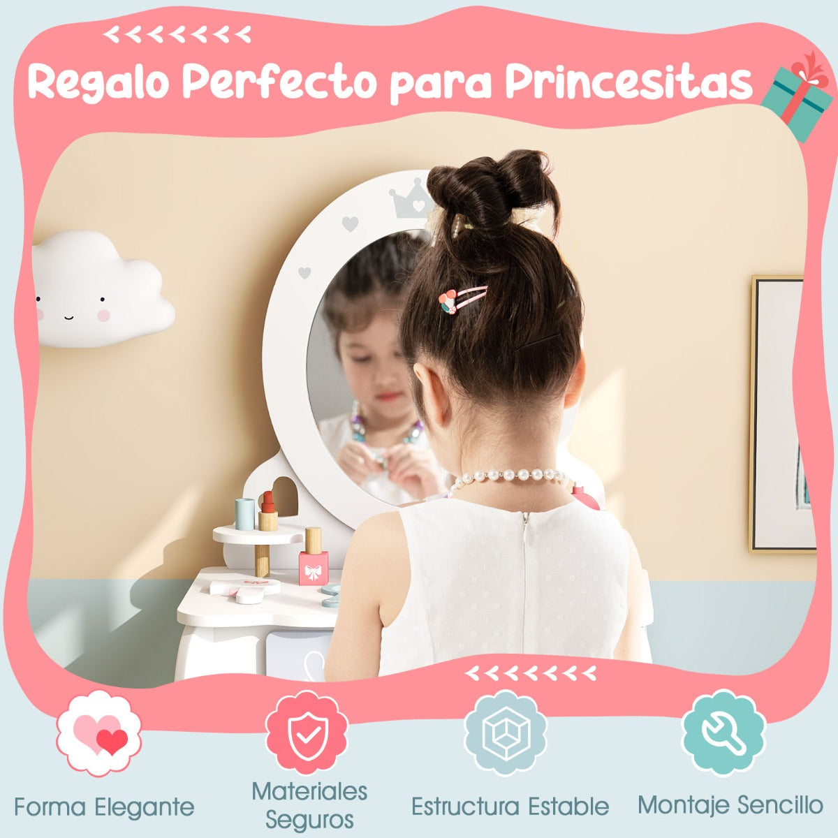 Set Tocador Infantil de Madera 2 en 1 con Taburete y Espejo Desmontable con Cajón Mesa de Maquillaje para Niñas con Silla Blanco