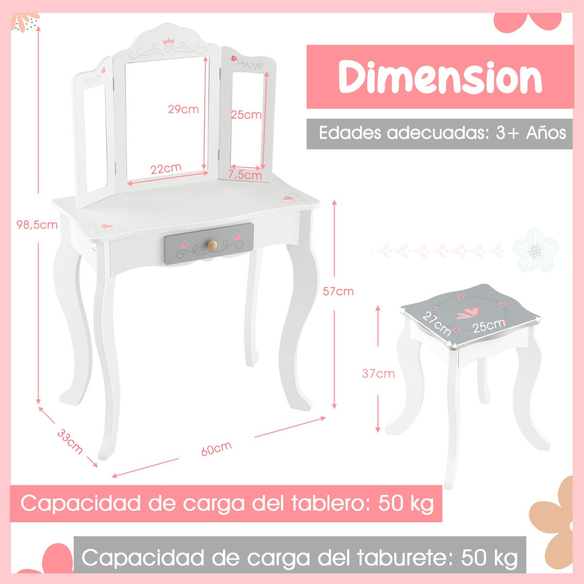 Set de Tocador Infantil 2 en 1 Mesa de Maquillaje con Taburete y Espejo Triple Extraíble para Niños Niñas 3+ Años 60 x 33 x 98,5 cm Blanco