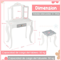 Set de Tocador Infantil 2 en 1 Mesa de Maquillaje con Taburete y Espejo Triple Extraíble para Niños Niñas 3+ Años 60 x 33 x 98,5 cm Blanco