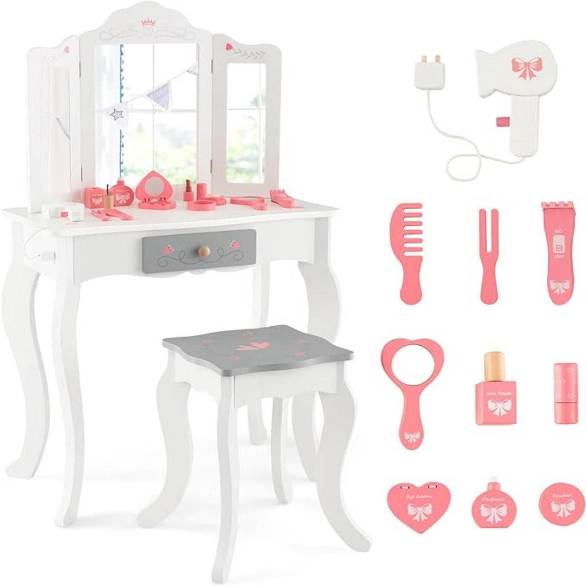 Set de Tocador Infantil 2 en 1 Mesa de Maquillaje con Taburete y Espejo Triple Extraíble para Niños Niñas 3+ Años 60 x 33 x 98,5 cm Blanco
