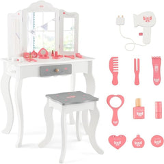 Set de Tocador Infantil 2 en 1 Mesa de Maquillaje con Taburete y Espejo Triple Extraíble para Niños Niñas 3+ Años 60 x 33 x 98,5 cm Blanco