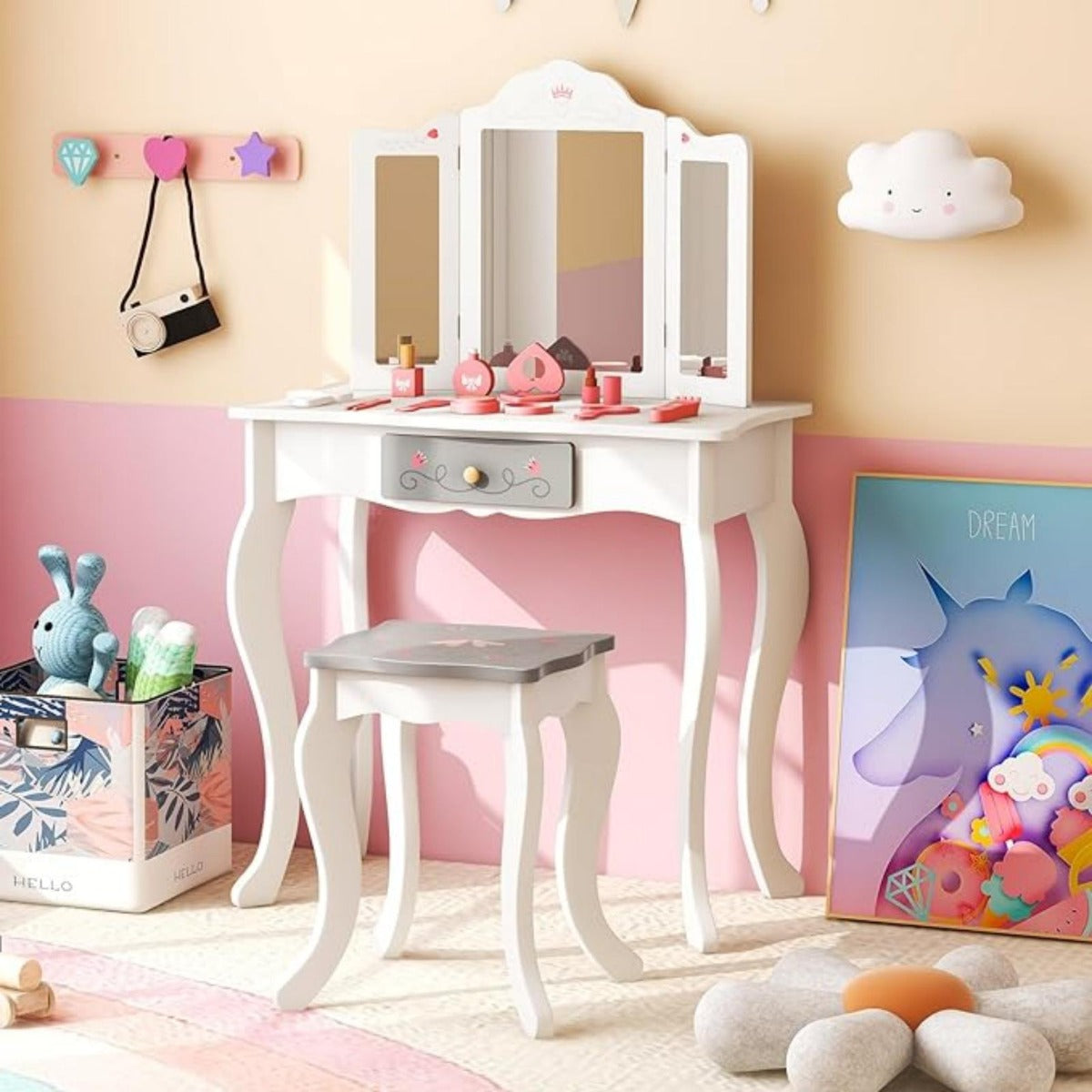 Set de Tocador Infantil 2 en 1 Mesa de Maquillaje con Taburete y Espejo Triple Extraíble para Niños Niñas 3+ Años 60 x 33 x 98,5 cm Blanco