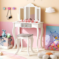 Set de Tocador Infantil 2 en 1 Mesa de Maquillaje con Taburete y Espejo Triple Extraíble para Niños Niñas 3+ Años 60 x 33 x 98,5 cm Blanco