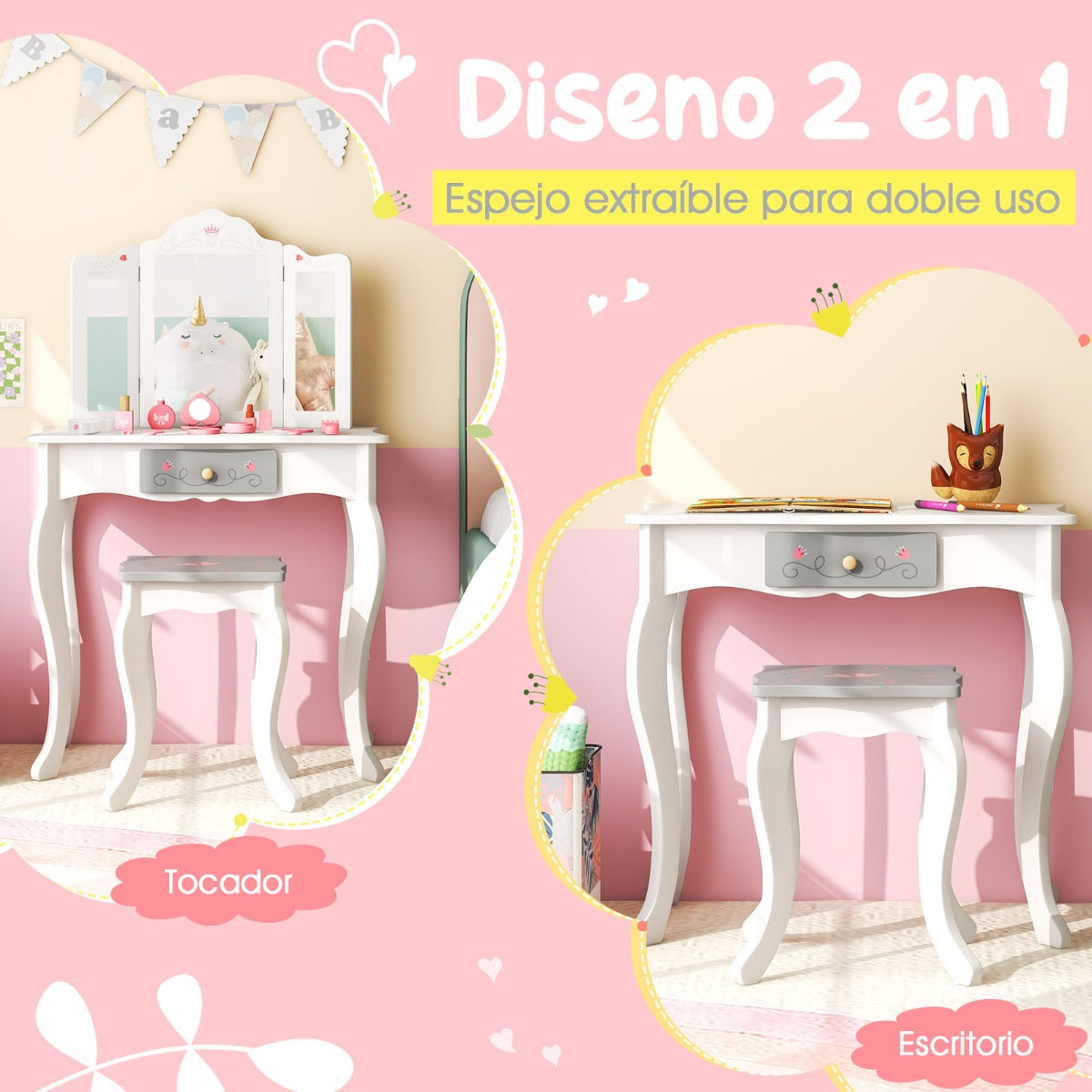 Set de Tocador Infantil 2 en 1 Mesa de Maquillaje con Taburete y Espejo Triple Extraíble para Niños Niñas 3+ Años 60 x 33 x 98,5 cm Blanco
